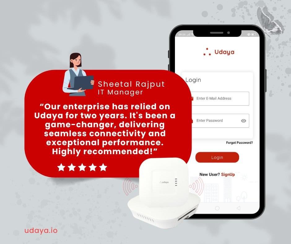 Experience the power of seamless connectivity with #Udaya #AccessPoints! ☢For two years, it's been our IT Manager's top choice, delivering exceptional performance. Join the satisfaction! For more details, visit udaya.io/enterprise/ 

#AP #ConnectivityChampion #Testimonial