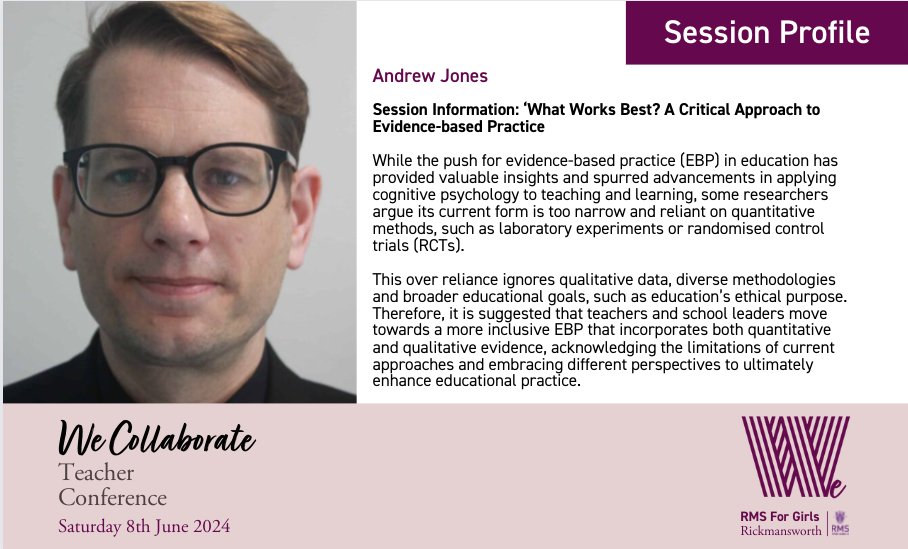 We are delighted to have @abowdenj delivering a workshop on evidence based practice on June 8th at #Wecollaborate24 Please join us on the day! Tickets and more details: rmsforgirls.com/wecollaborate/