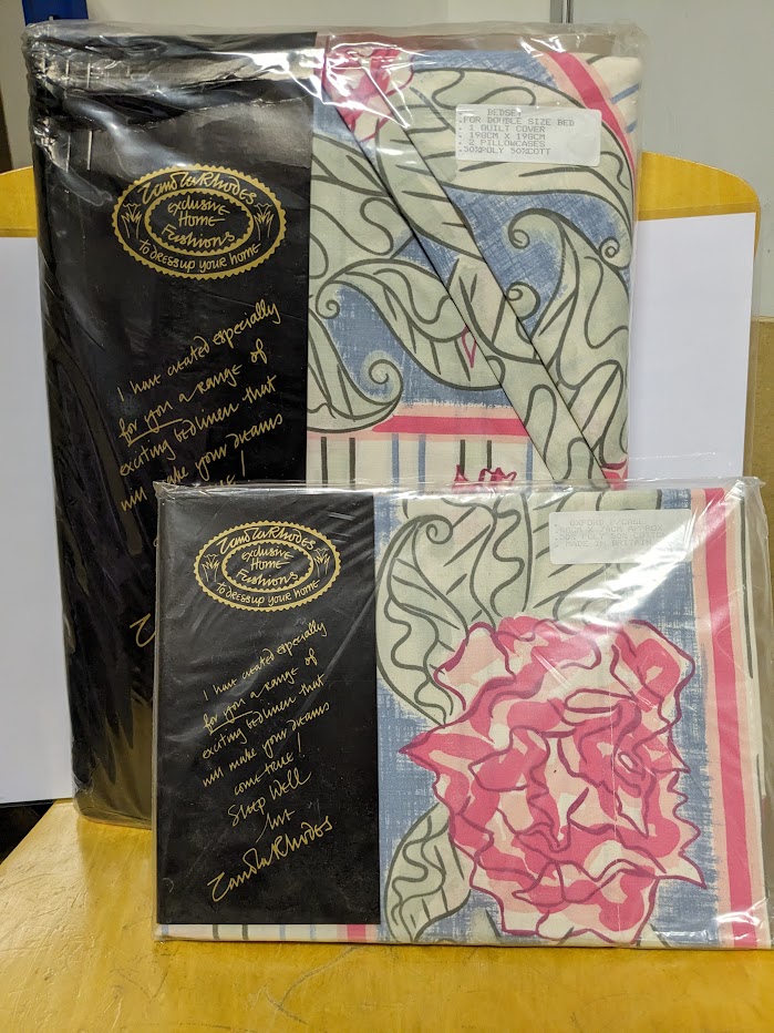 #Archive30 An everyday item irl but gorge floral bed linen from the Dame @Zandra_Rhodes collection is a 1st for us & is deffo one of our more #unusualitems @librarydmu @ARAScot @explorearchives @dmufashion @dmutextiles @Art_and_Design #fashion #homestyle