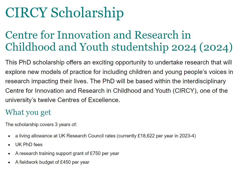 CIRCY Scholarship: The Centre for Innovation and Research in Childhood and Youth (CIRCY) is offering a unique PhD scholarship opportunity in 2024. Find out more here: sussex.ac.uk/study/fees-fun… Closing date: 15 April 2024 cc: @SussexUni