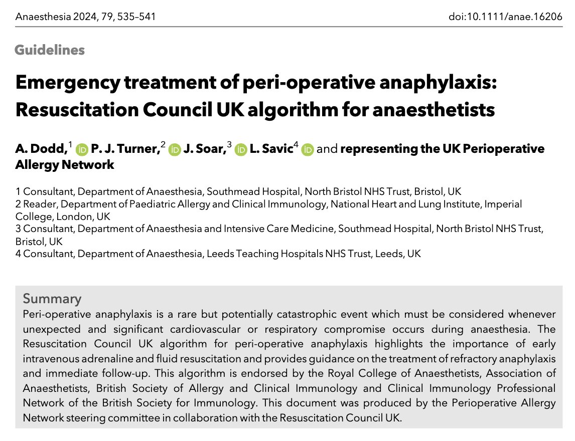 🔓Emergency treatment of peri-operative anaphylaxis: Resuscitation Council UK algorithm for anaesthetists

@jas_soar @LouiseSavic 

🔗…-publications.onlinelibrary.wiley.com/doi/10.1111/an…