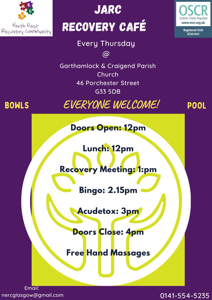 JARC Recovery Café is open today from 12-4pm. Everyone is welcome to join us for lunch, a recovery meeting, bingo and massage @WithYouNEHub