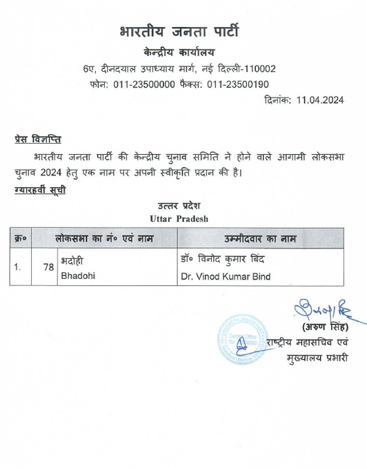BJP releases another list of one candidate for the ensuing Lok Sabha polls. The party has fielded Dr. Vinod Kumar Bind from Bhadohi Lok Sabha seat in Uttar Pradesh.
