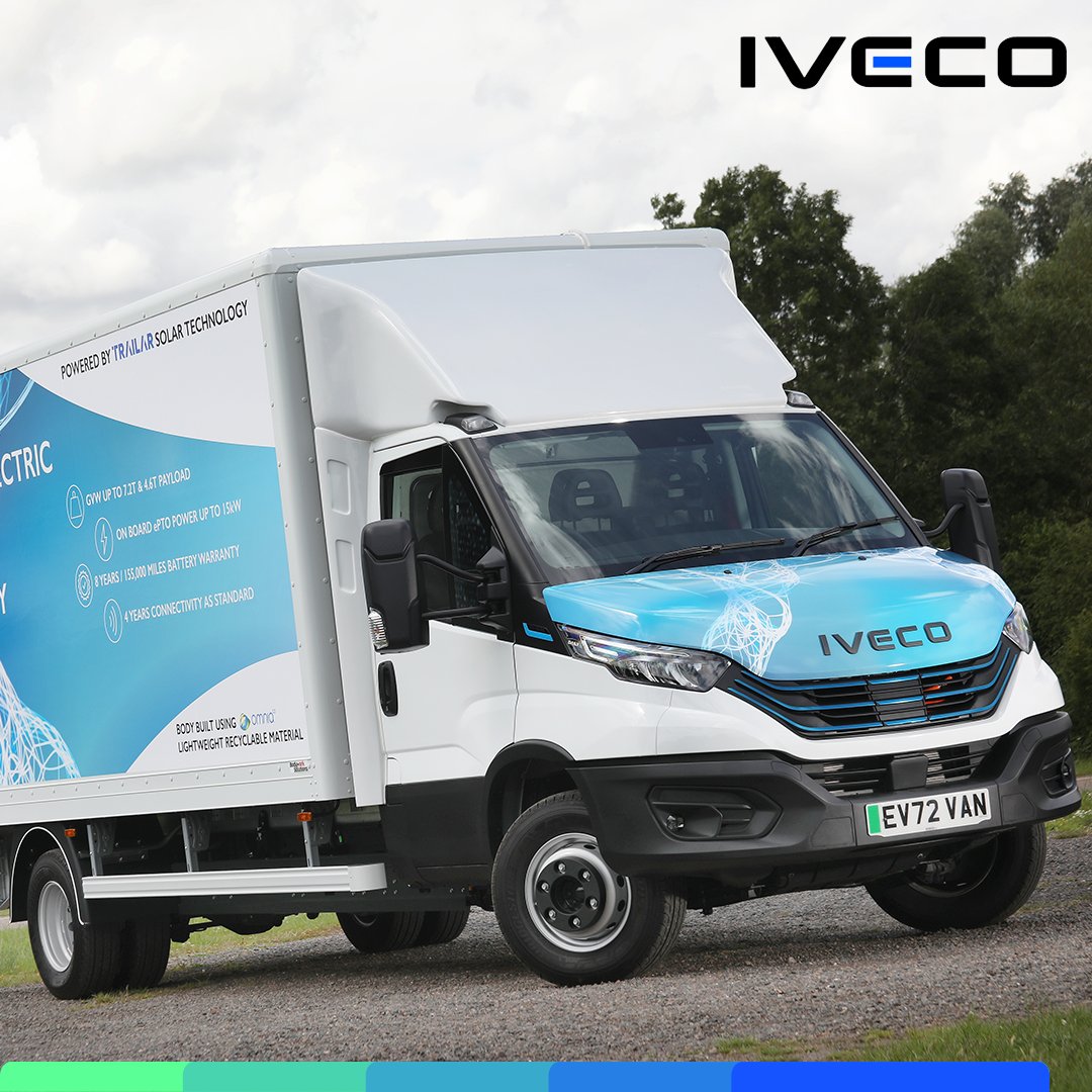 This IVECO eDaily is all about #innovation thanks to its Bodywork Solutions box body. It’s made from lightweight Omnia recyclable panels and features a Trailar roof-mounted solar panel that powers its tail lift. #EV #technology