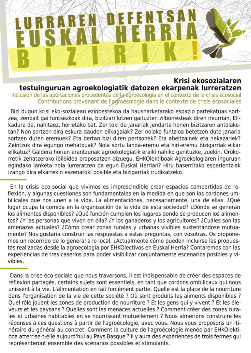 Gainera, goizean auzi ekologikoa esparru ezberdinetatik landuko dituzten hainbat tailer eta hitzaldi izango dira. 'Krisi ekosozialaren testuinguruan agroekologiatik datozen ekarpenak lurreratzen' tailerrean hartuko dugu parte guk, hona hemen laburpena 👇🏾 #LurrarenDefentsan 🐞