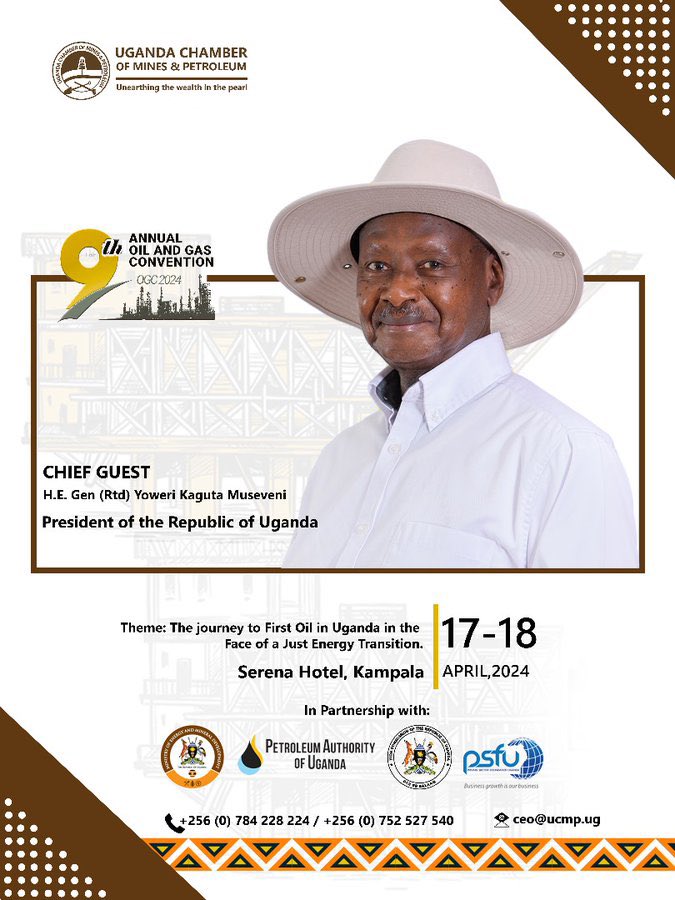 The 9th #OilandGasConvention2024 is from 17th-18th April at Kampala Serena hotel. Book your spot via: ogc.ucmp.ug Or contact the organisers: 0784 228 224 Or 0752 527 540 to participate... @KagutaMuseveni is the Chief Guest.