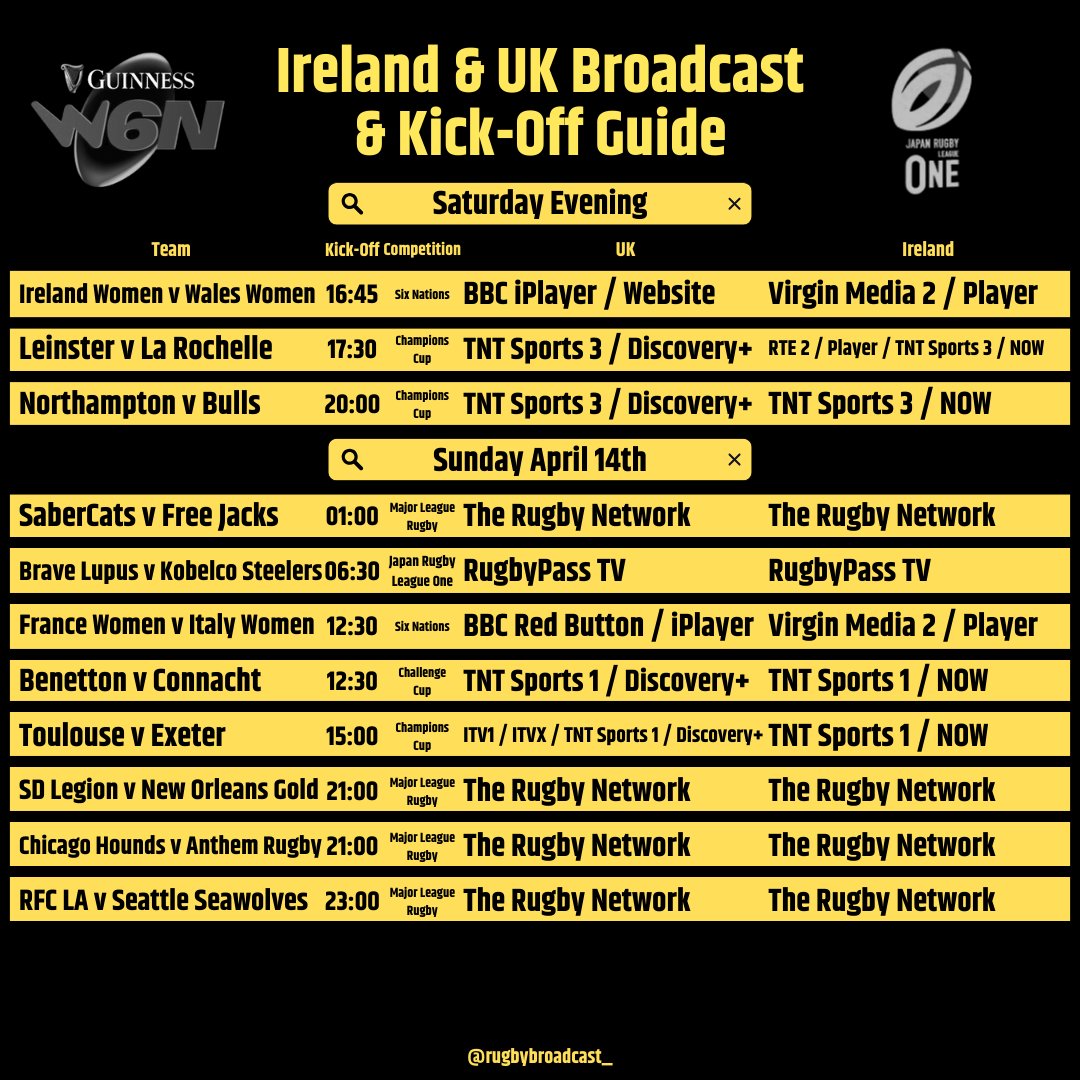 Here's your broadcast & kick-off guide for all 2⃣4⃣ games being shown in Ireland & the UK this weekend 📺

✅Champions Cup
✅Challenge Cup
✅6 Nations
✅Super Rugby Pacific
✅Super Rugby Women's
✅Japan Rugby League One
✅MLR 

#InvestecChampionsCup | #ChallengeCupRugby