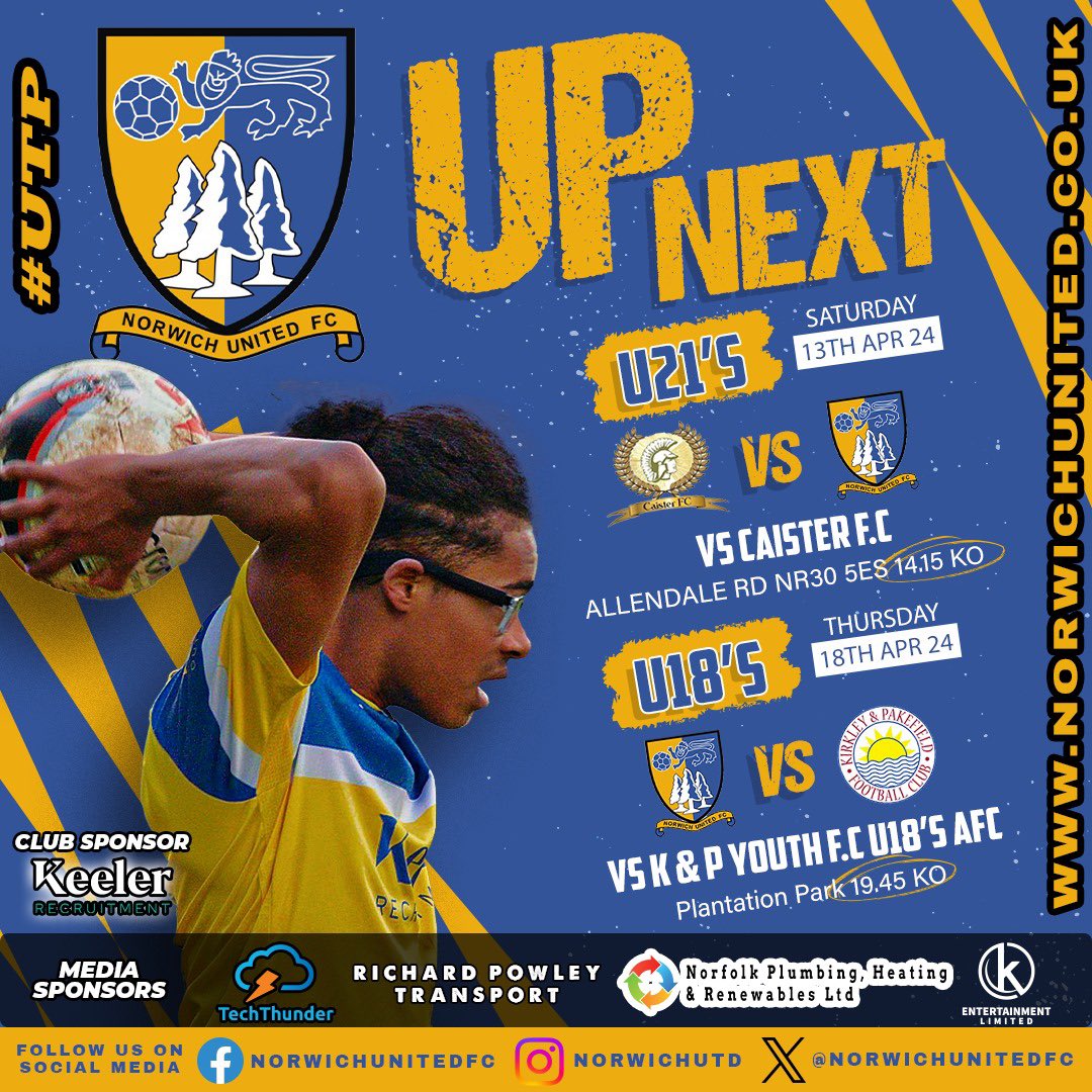 UP NEXT🔜 Planters teams with two matches next week U21S vs @caisterfc1 away, Sat 13th U18S vs @KPFCROYALS at home, Thursday 18th #UTP💛💙