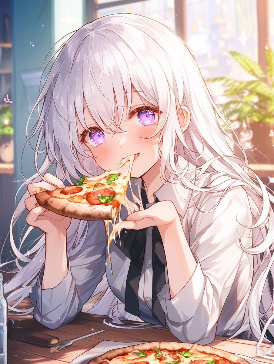 少し早目に、お仕事お疲れ様でした♪ 何も考えずに雑にピザ食べたいちゃんです🍕 [チーズは溢れるよ？🧀] #AIイラスト #aiart