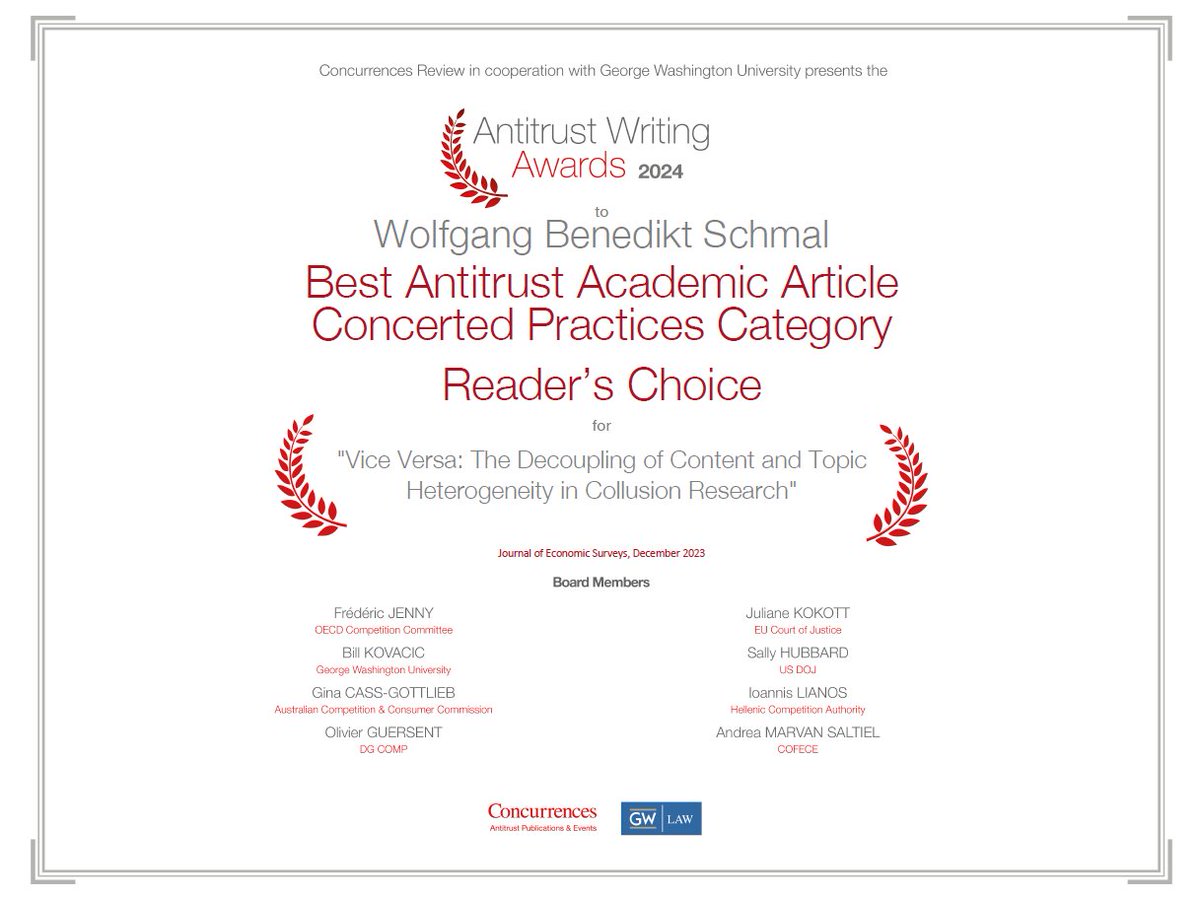 I've been awarded an #AntitrustWritingAward by @Concurrences and GWU Law School @gwlaw in the category 'Academic Articles: Concerted Practices,' and I could hardly be more proud. Thanks to all those who gave feedback on the paper along the way! @DICEHHU @haucap