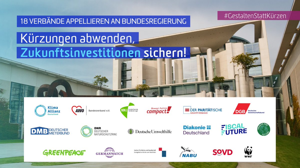 18 Verbände appellieren an die #Bundesregierung und demokratische Opposition: Beenden Sie die Sparpolitik – reformieren Sie die #Schuldenbremse ! Wir brauchen Investitionen in Klimaschutz, Soziales und eine zukunftsfähige Wirtschaft. #GestaltenStattKürzen…