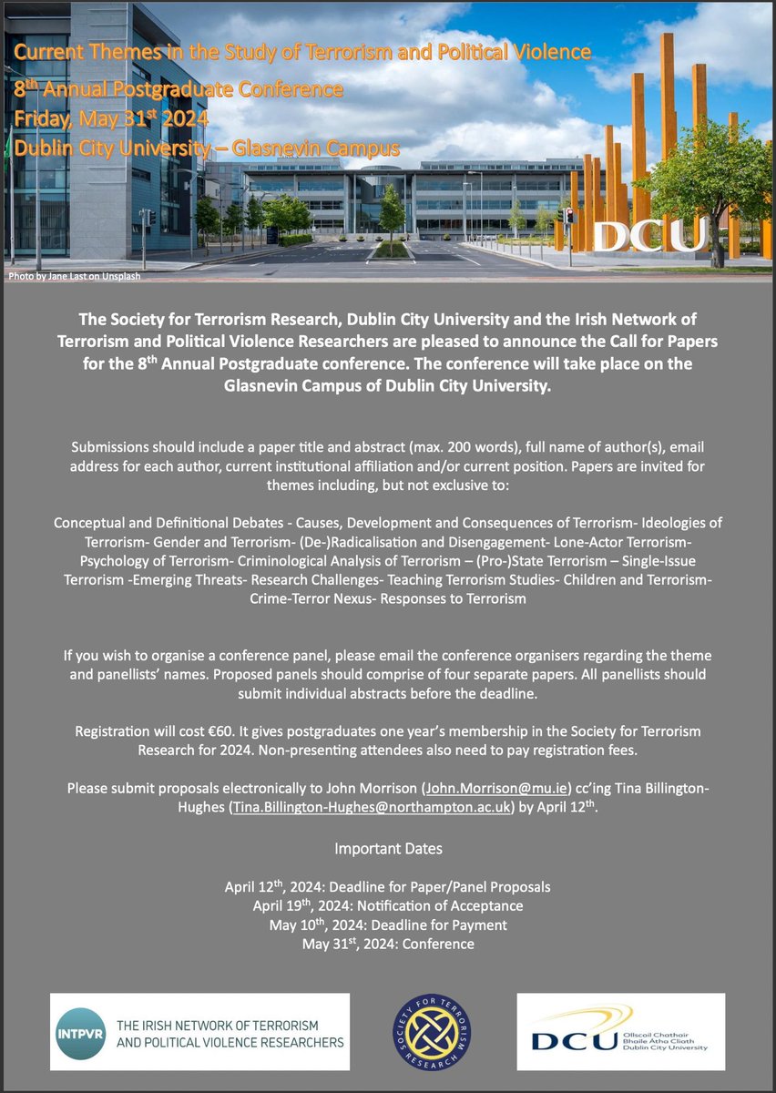 We’re delighted to be hosting the annual @SocTerRes Postgraduate conference @DCU on 31 May. Closing date for abstracts is tomorrow, 12 April. #PleaseRT