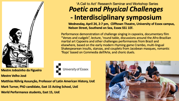On 24 April Prof. Matthias Röhrig Assunção will take place in an interdisciplinary symposium at our Southend campus. Matthias is an award-winning expert on capoeira. In 2015 his film 'Body Games - Capoeira and Ancestry' won the @RoyalHistSoc's Public History Prize for film.