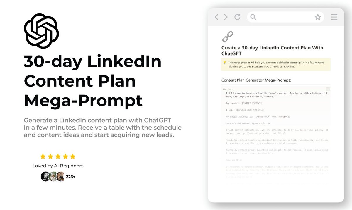 LinkedIn is the #1 platform for creators to grow on right now. So I built a ChatGPT mega-prompt that creates a 30-day content plan for your LinkedIn. You will be able to generate leads on autopilot. To get it, simply: • Like & RT • Reply 'In' • Follow me (So, I can DM you)