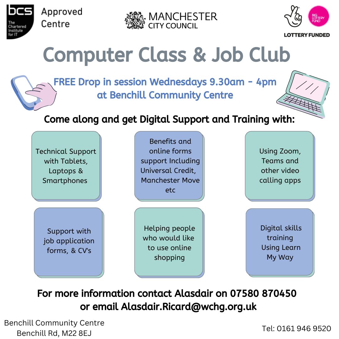 Come and join the #free #computer class and #jobclub at @benchillcomcent every Wednesday 9.30am to 4pm @wythenshawe_chg @CD_WCHG @ManCityCouncil #learn new #skills #enhance your #learning