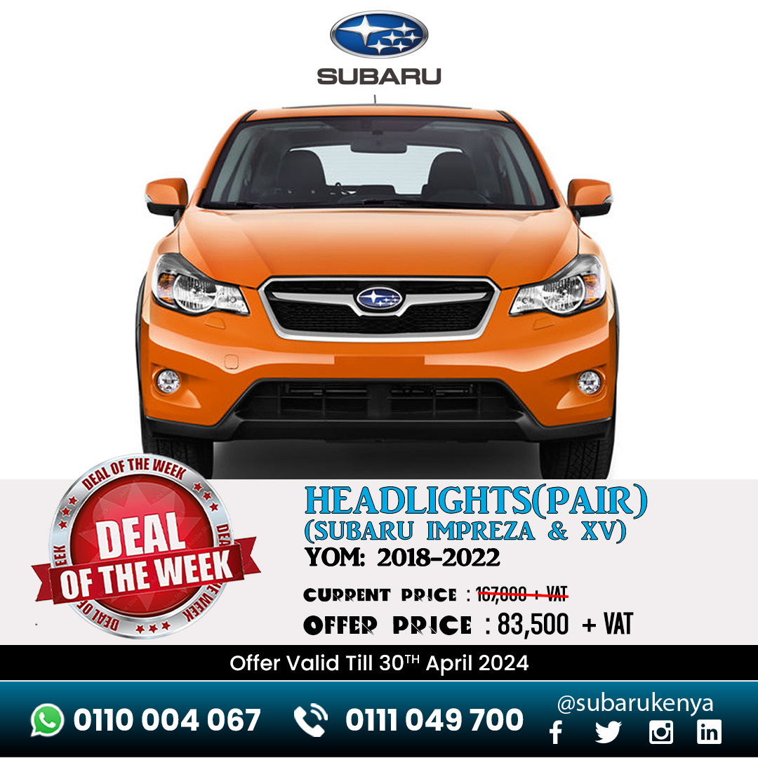 Upgrade your Subaru Impreza or XV's visibility and style with genuine Subaru headlights at unbeatable prices (2018-2022 models only), a crucial safety feature! Valid until April 30th, 2024. Contact us: parts@subarukenya.com or 0110004067. Showrooms in Nairobi, Mombasa, and KSM.