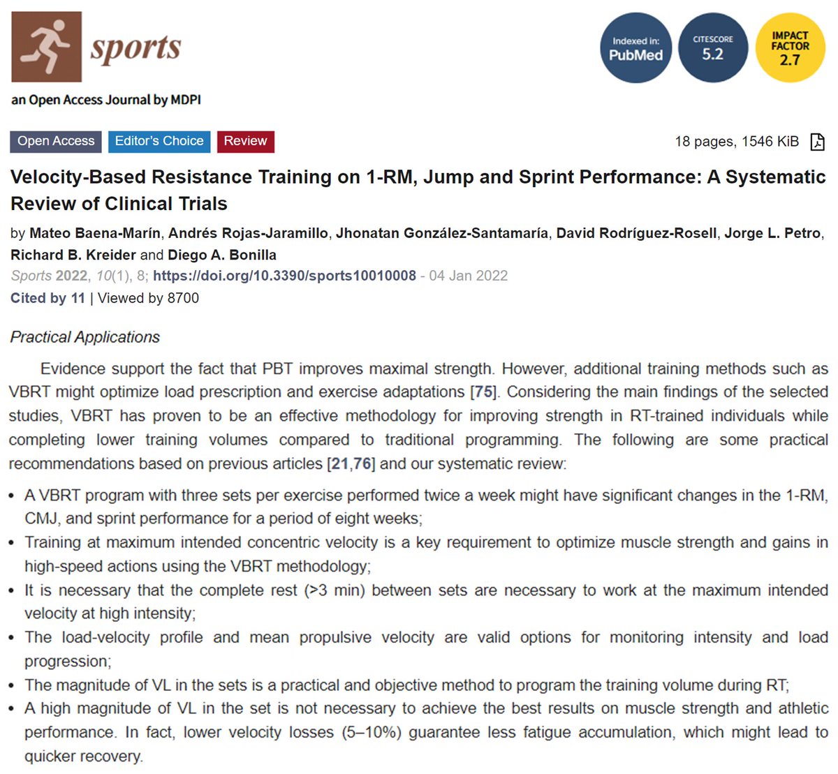 <a href="/TeamDBSS/">DBSS International</a> 
Glad to know our article "Velocity-Based Resistance Training on 1-RM, Jump and Sprint Performance: A Systematic Review of Clinical Trials" was recognized for its significance and impact by the academic editorial board of <a href="/Sports_MDPI/">Sports</a> 

 mdpi.com/journal/sports…
#VBRT