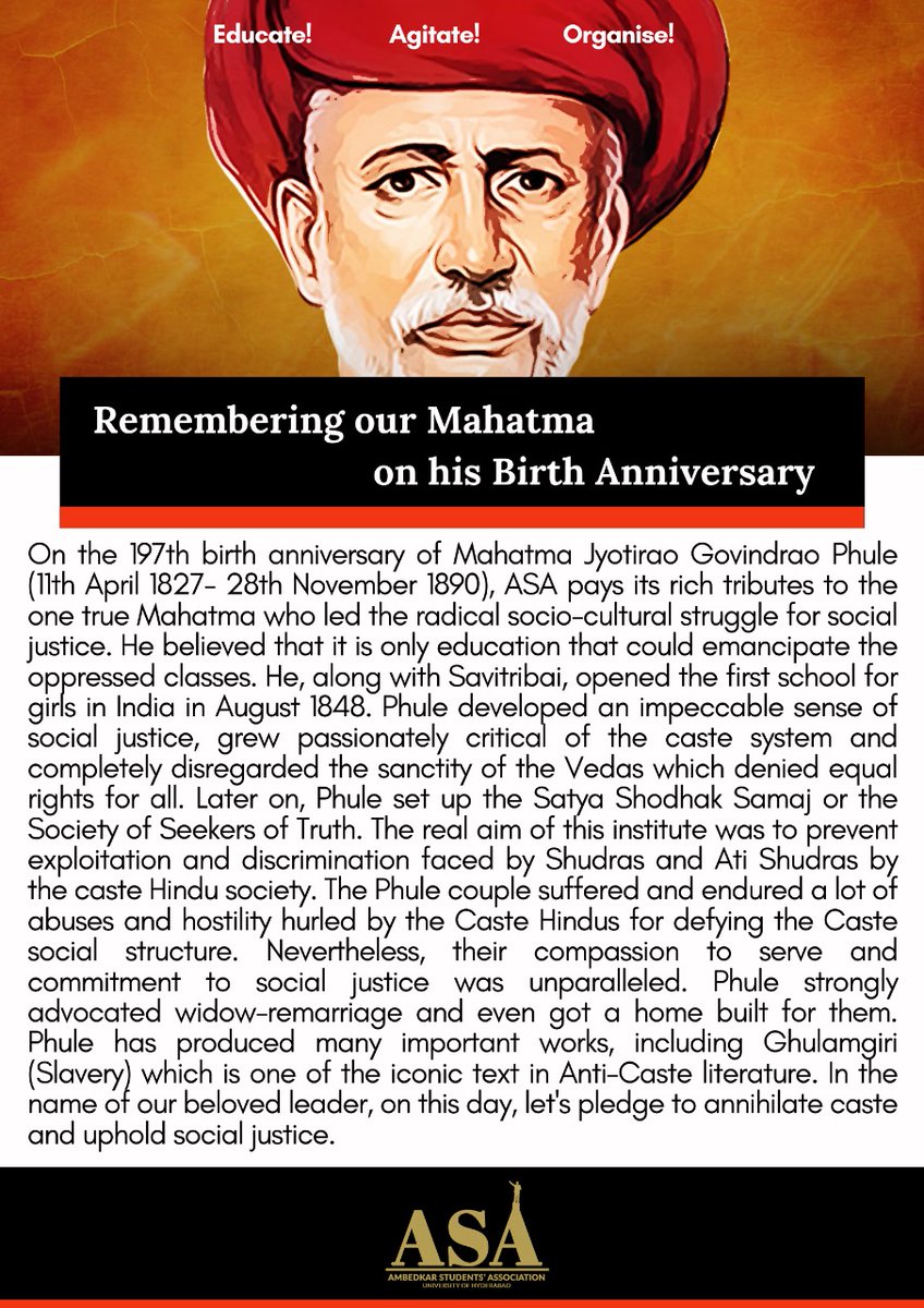 Remembering our Mahatma on his birth anniversary.
#JaiBhim #MahatmaJyotibaPhule #MahatmaPhule #JyotiraoPhule #jyotibaPhulejayanti #ASA #hcu