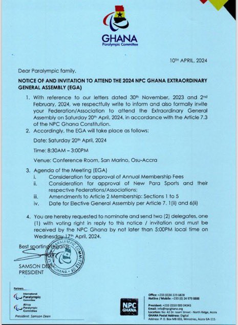 National paralympic committee extraordinary general assembly will happen 20th of this month at Osu San Marina conference room 
#NPCGHGA2024