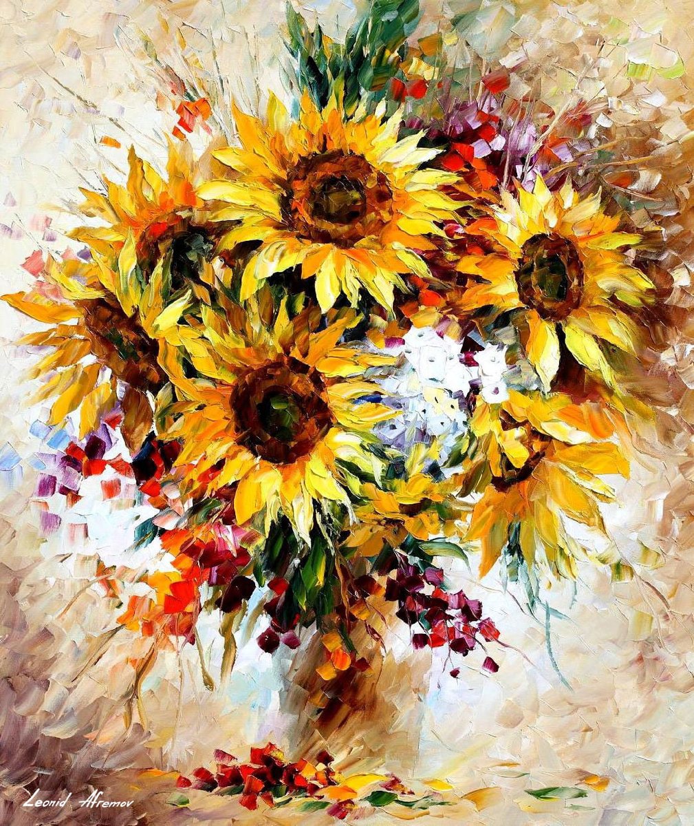 HAPPY SUNFLOWERS - Large-Size Original Oil Painting ON CANVAS by Leonid Afremov (not mixed-media, print, or recreation artwork). 100% unique hand-painted painting. Today's price is $99 including shipping. COA provided afremov.com/happy-sunflowe…