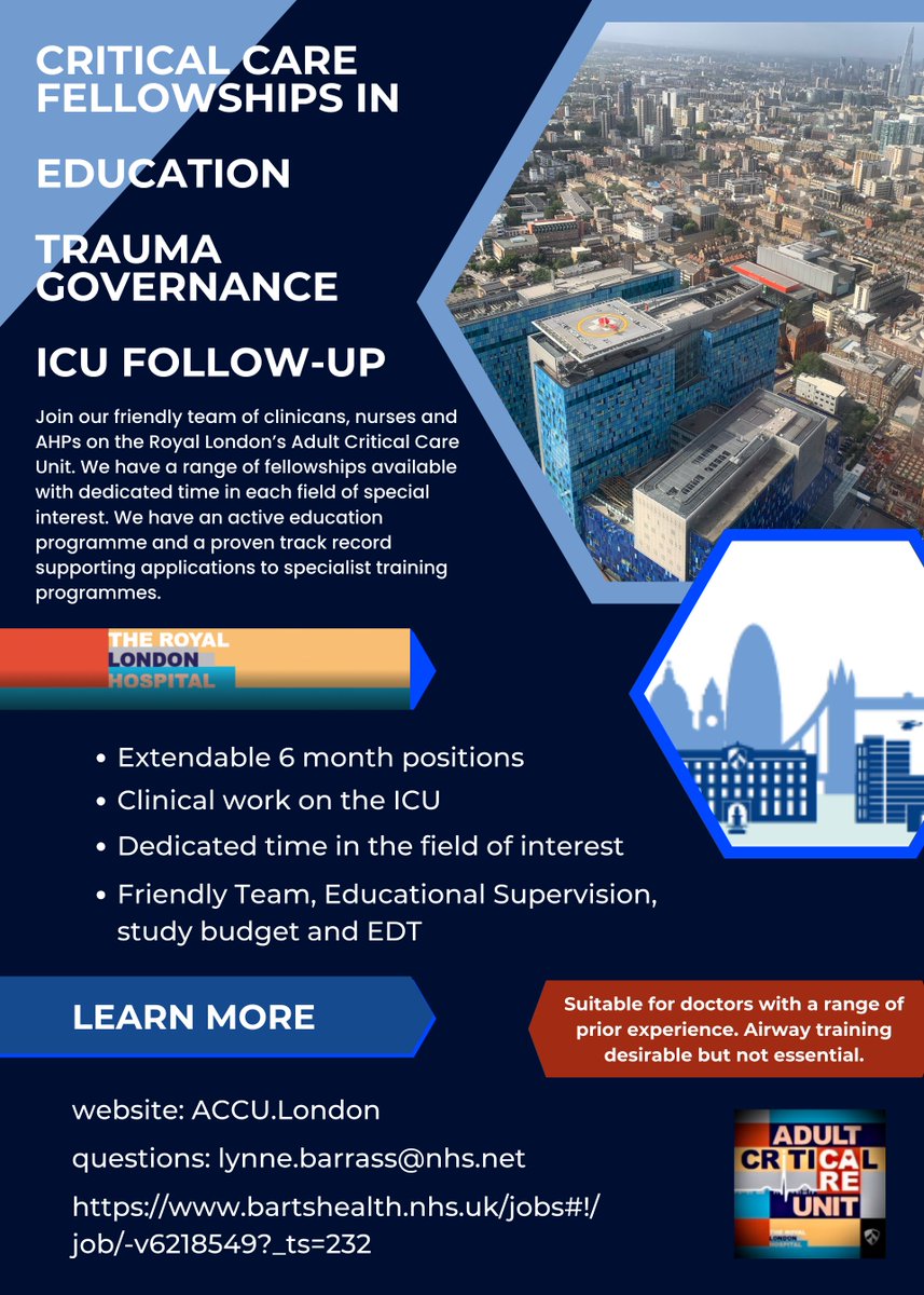 A range of #criticalcare fellowships available for doctors. Come and join @teamaccu! Closing date 21/04/2024. Apply: bartshealth.nhs.uk/jobs#!/job/-v6…