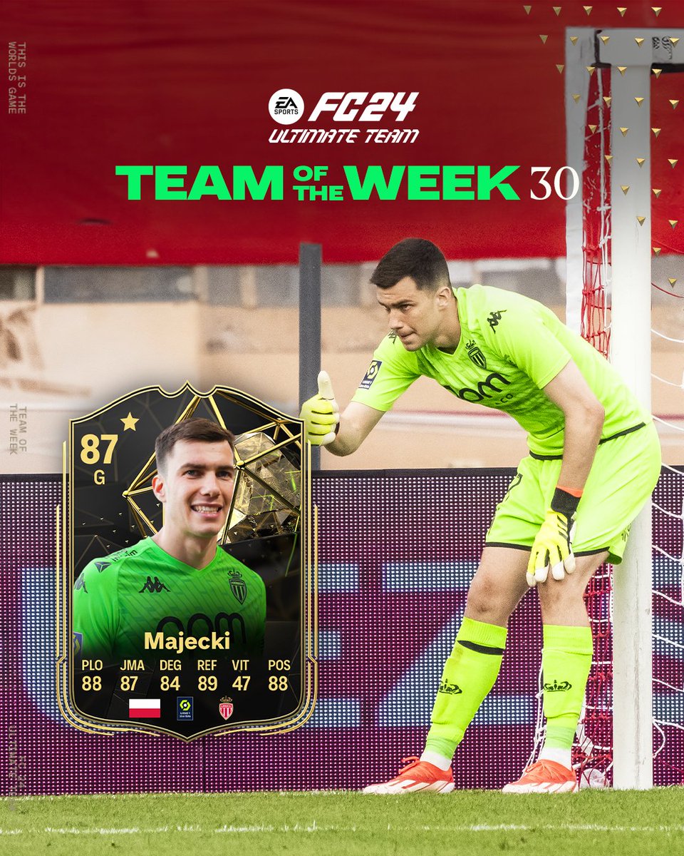 Majecki #TOTW 🤩 🧤 Une solide prestation de notre gardien, présent dans l’Équipe de la Semaine d’@EASPORTSFCFR ! Disponible dès maintenant sur #FC24 Ultimate Team 🎮