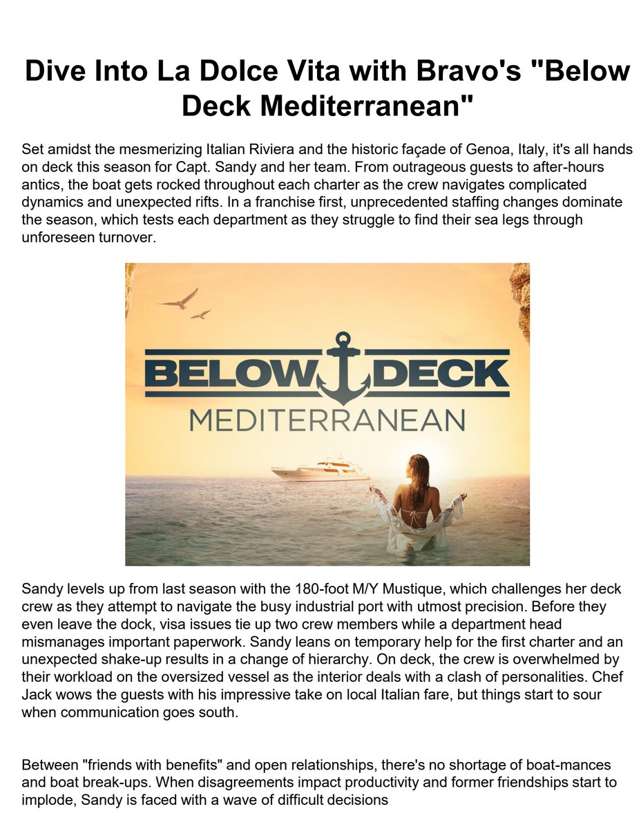 DIVE INTO LA DOLCE VITA WITH BRAVO'S 'BELOW DECK MEDITERRANEAN' Set amidst the mesmerizing Italian Riviera its all hands on deck this season for Capt. Sandy and her team See further details in our Special Monaco Yacht Show Edition: online.fliphtml5.com/icswn/wklt/#p=… #Monaco #superyachts