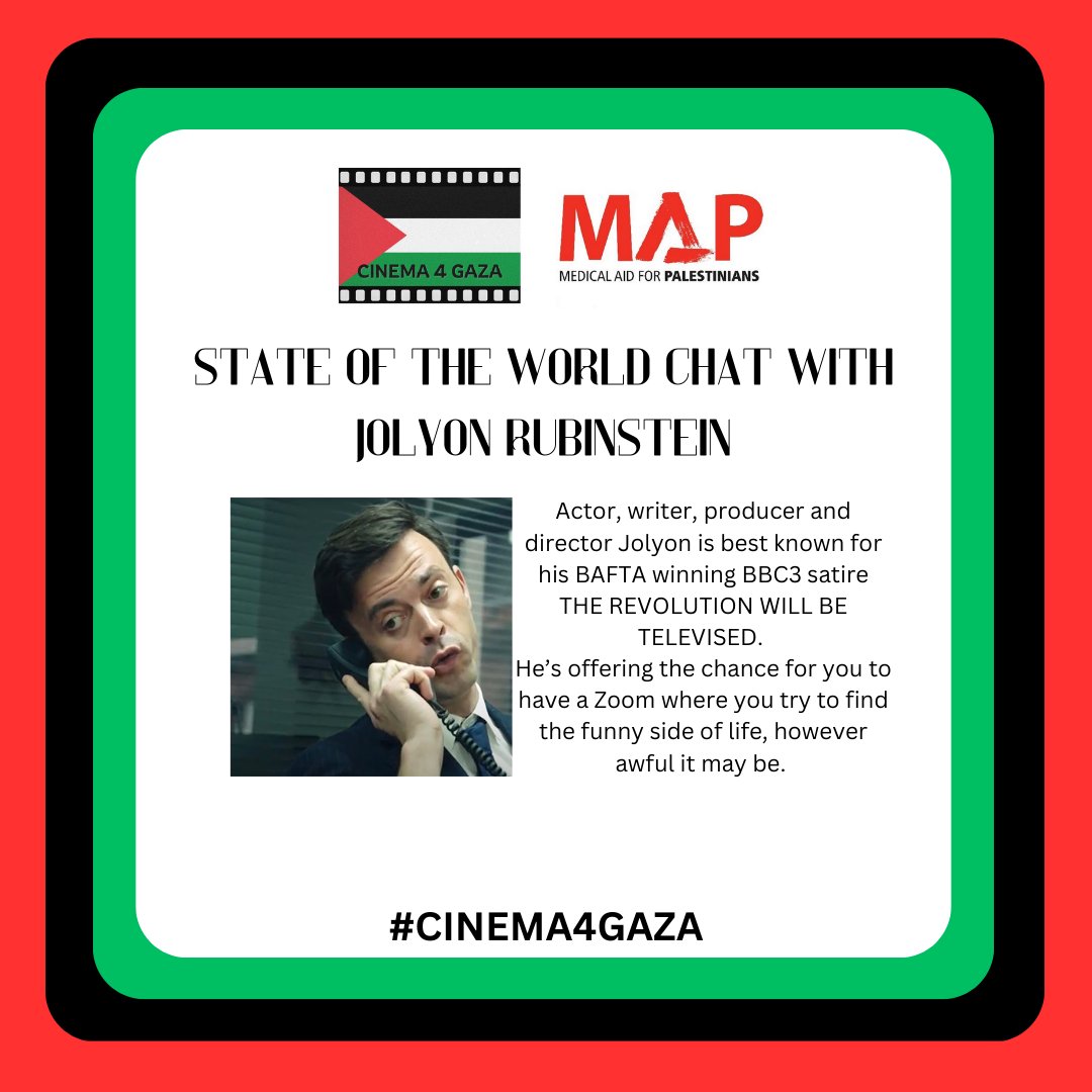 Put the world to rights with @JolyonRubs over Zoom!!! uk.givergy.com/cinemaforgaza/…