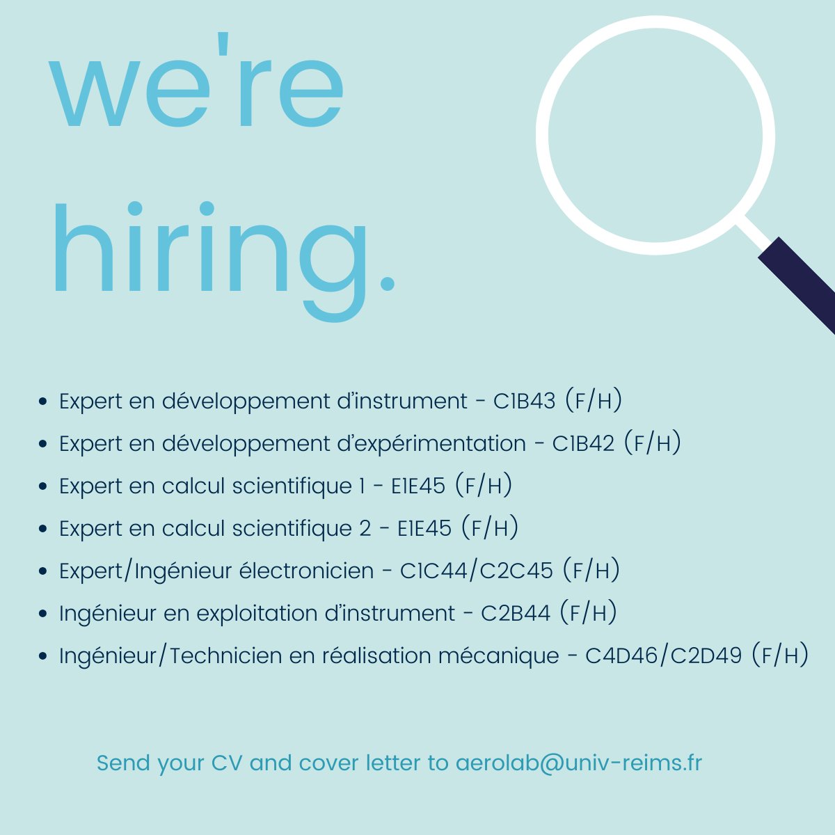 Rejoignez l'équipe du projet #SIMEA au sein du <a href="/PoleAEROLAB/">Pôle d'innovation AEROLAB</a>  de l'<a href="/universitereims/">Université de Reims Champagne-Ardenne</a> avec le <a href="/CNRS/">CNRS 🌍</a>.
7 postes sont à pourvoir (portail carrière de l'<a href="/universitereims/">Université de Reims Champagne-Ardenne</a>) ! Intéressé.e.s ? N'hésitez pas à candidater !
#france2030 #GES #Environnement #hiring #recrutement