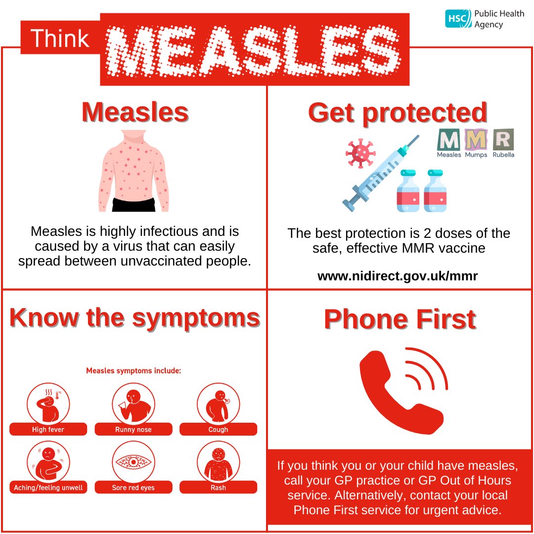 Measles is highly infectious and can be passed on even before a rash appears. The MMR vaccination is the safest and most effective way to protect against these diseases. You need two doses of MMR to be fully protected. nidirect.gov.uk/mmr #MMR #measles