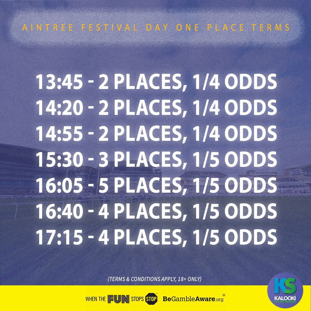 We’re all set for day one at Aintree and so are our each-way place terms 👇 🔞 BeGambleAware.org T&Cs Apply - rb.gy/0y507
