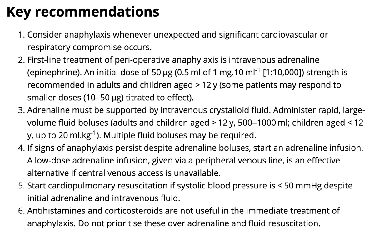 What are the key recommendations from the Resuscitation Council UK anaphylaxis algorithm for anaesthetists?!

➡️Identify it 
➡️50 μg IV adrenaline bolus
➡️500 - 1000 ml IV fluid boluses
➡️Adrenaline infusion
➡️CPR if SBP < 50 mmHg

You've got this!

🔗…-publications.onlinelibrary.wiley.com/doi/10.1111/an…