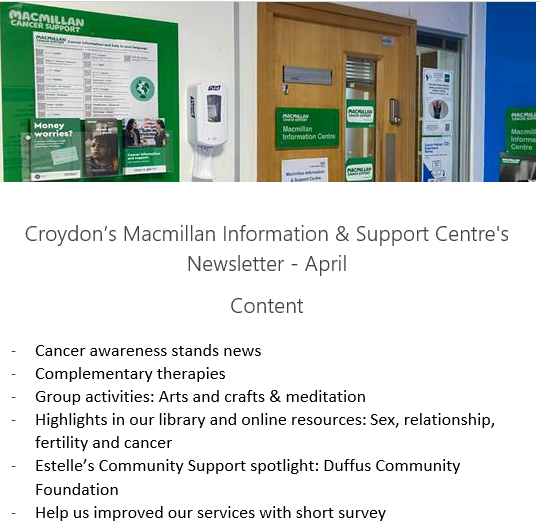 📢 Our April newsletter is out 👉 shorturl.at/alRXY Discover: What's on at the Centre & with cancer teams, library focus on #SexandCancer with additional info from @macmillancancer @OUTpatientsUK @ProstateUK & @Estelley77 #communitysupport spotlight @DuffusCF #Croydon #LWBC