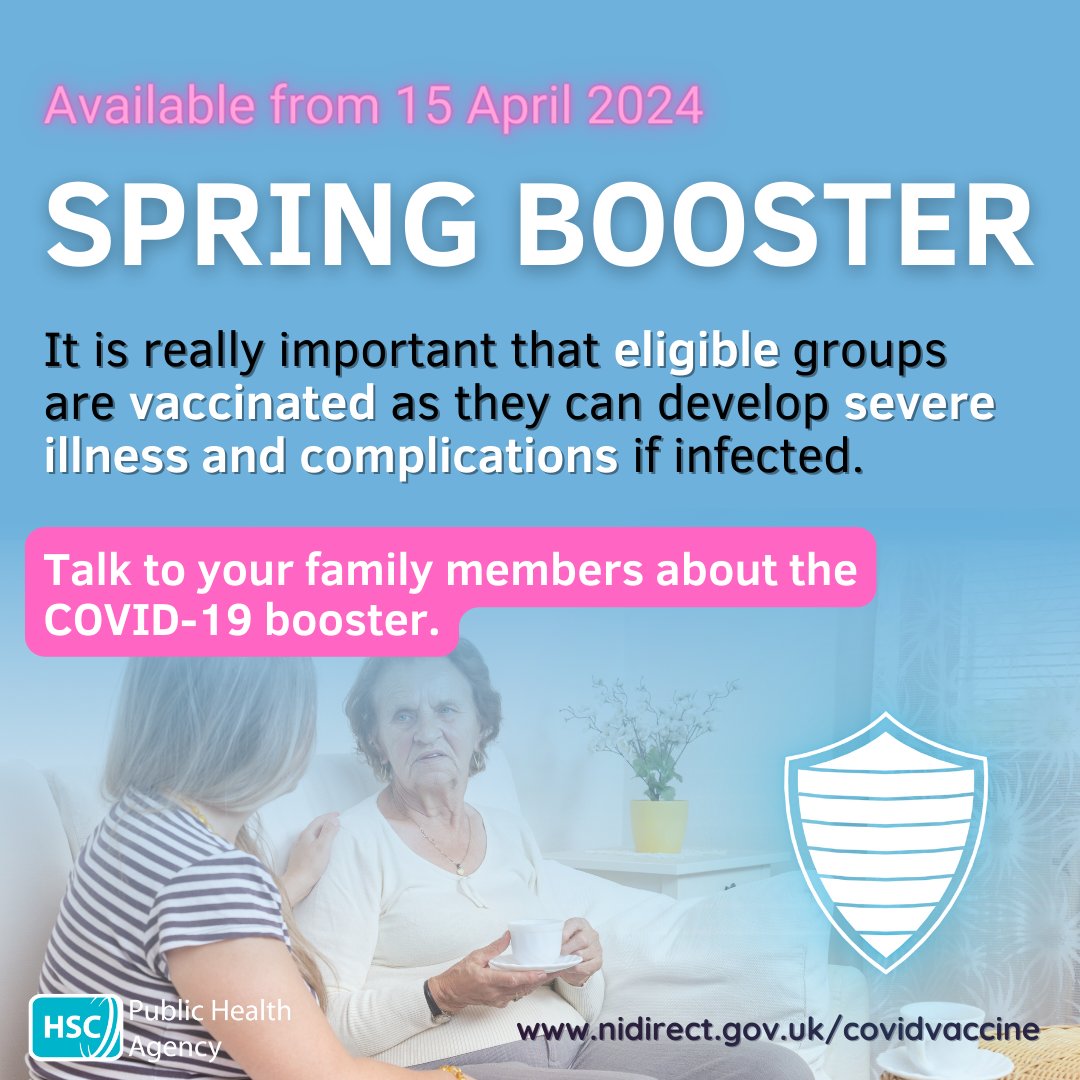 #springbooster In Northern Ireland you will be offered a spring COVID-19 vaccine from 15 April 2024 if you are eligible. Find out more at nidirect.gov.uk/covidvaccine #COVID19