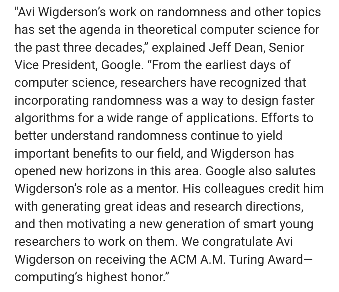 Congratulations to Avi Wigderson on winning this year's @TheOfficialACM A.M. Turing Award! 🎉 His contributions to how randomness and computation interact have significantly shaped modern computing.