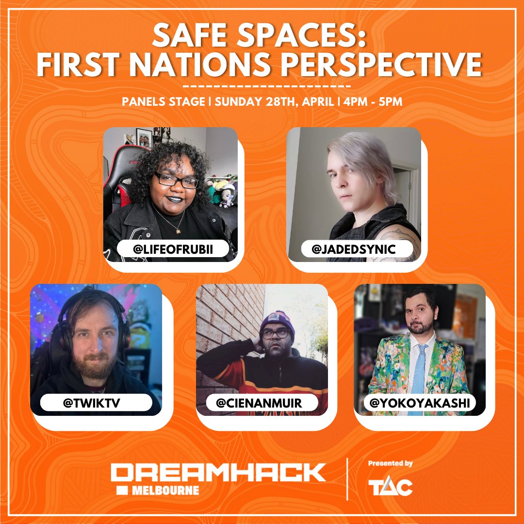 BLAKOUTGG's tweet image. ⚡️Safe Spaces: A First Nations Perspective ⚡️

Join us at @DreamHackAU as we discuss the importance of safe spaces with an Indigenous lens 

Hear lived experiences from mob who work within game dev, streaming, content creation and more

Let's yarn about why community matters