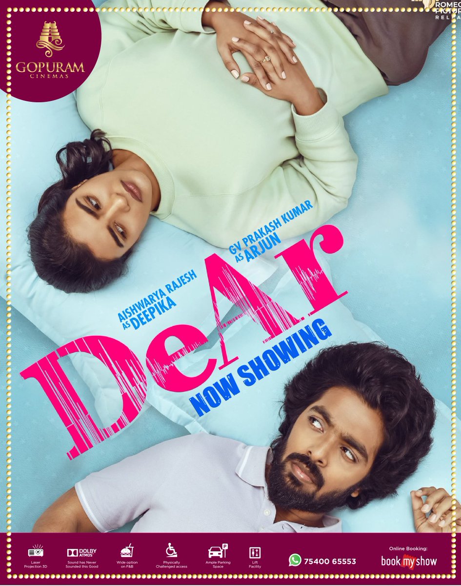 Fall in love with the delightful rom-com of DEepika & ARjun🤩 #DeAr is Now Showing at Our @Gopuram_Cinemas Book Now - t.ly/JMVKu Experience it With Laser Projection and Dolby ATMOS🔊 @gvprakash @aishu_dil @kaaliactor #GopuramCinemas #GVPrakash #AishwaryaRajesh