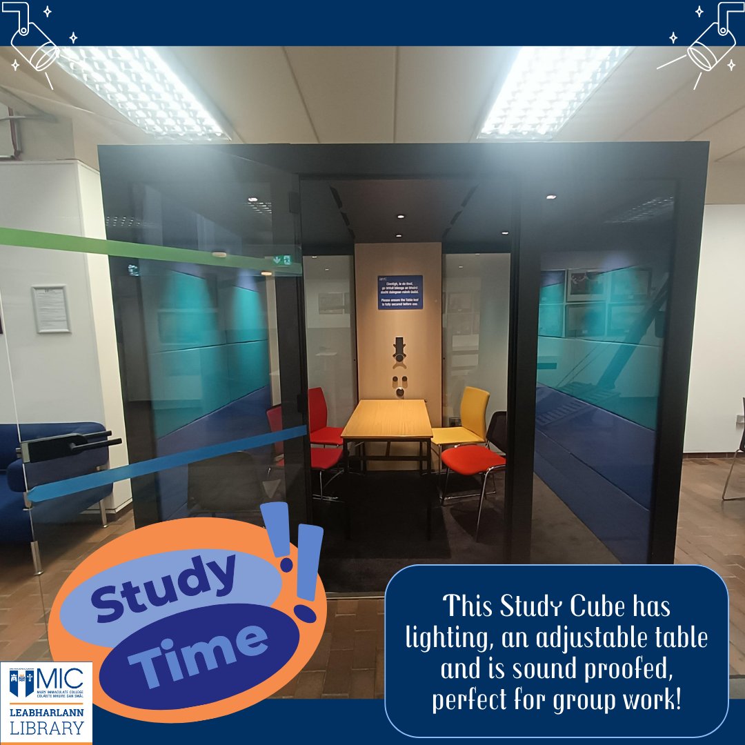 This Study Cube minimises noise and is perfect for groups! It's located in the foyer of the Library Building in Limerick. Unfortunately the Cube can't be booked, you have to get there in time. #studycube #miclibrarylimerick #micstudents #groupwork #soundproofed #earlybird