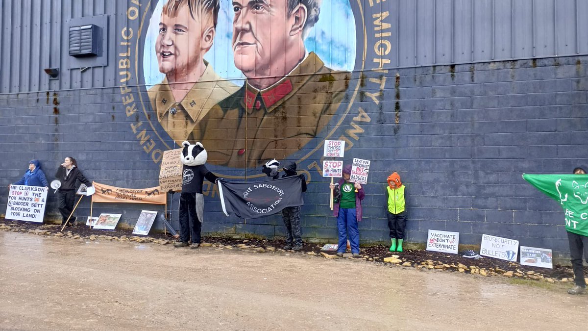 Campaigners demonstrate at @JeremyClarkson owned Hawkstone Brewery following incidents of badger setts being blocked on land at @diddlysquatshop A spokesperson from @ActionAgainstF said 'Clarkson does diddly squat to protect wildlife'