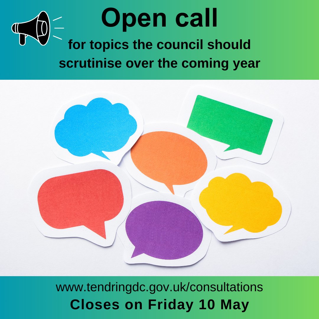 It’s time to have your say! Tell us what you think the Overview and Scrutiny Committees should be looking at over the coming year. To share your thoughts, please visit our website and search for ‘scrutiny consultation’. #Tendring #HaveYourSay