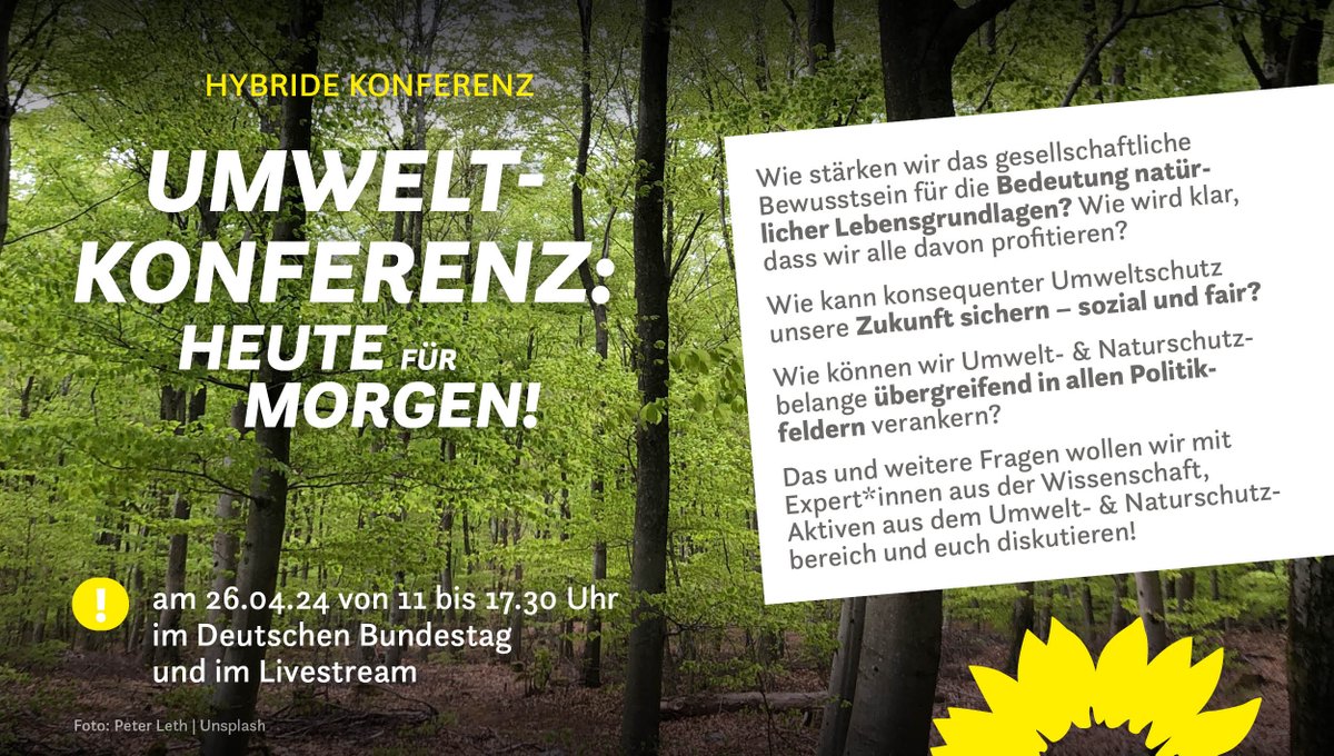 Wir setzen uns für konsequenten Umwelt- & Naturschutz ein! Um die Umweltziele zu erreichen, sind weitere umfassende Schritte & Maßnahmen nötig. Welchen Fragen wir uns dabei stellen müssen, wollen wir bei unserer Konferenz am 26.4. diskutieren. Seid dabei👇 gruene-bundestag.de/heutefuermorgen