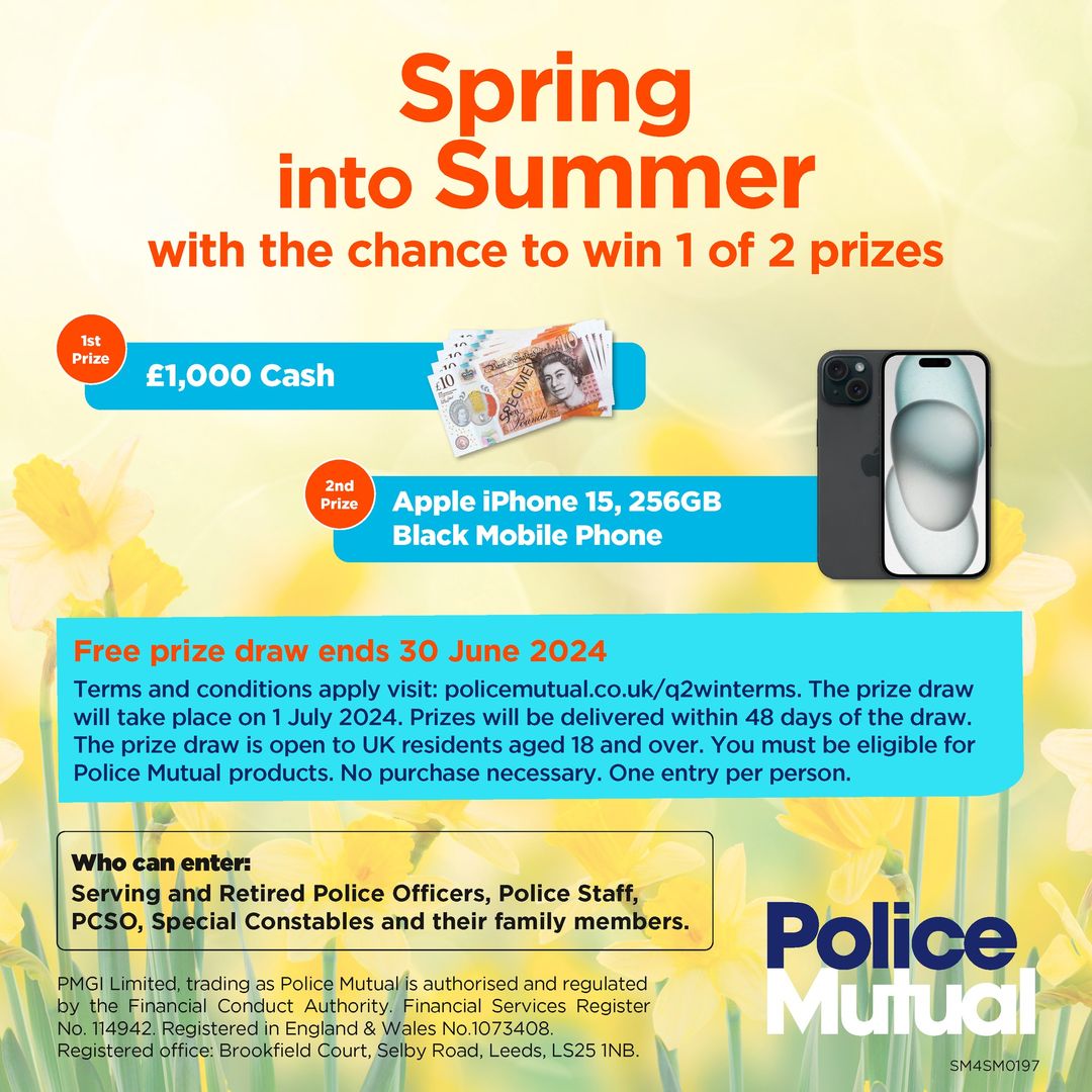 Police Mutual’s FREE Prize Draw with 2 prizes up for grabs. You could be one of two winners to win: 1 st prize £1,000 Cash or 2 nd prize Apple iPhone 15, 256GB Black Mobile Phone. facebook.com/photo?fbid=763…