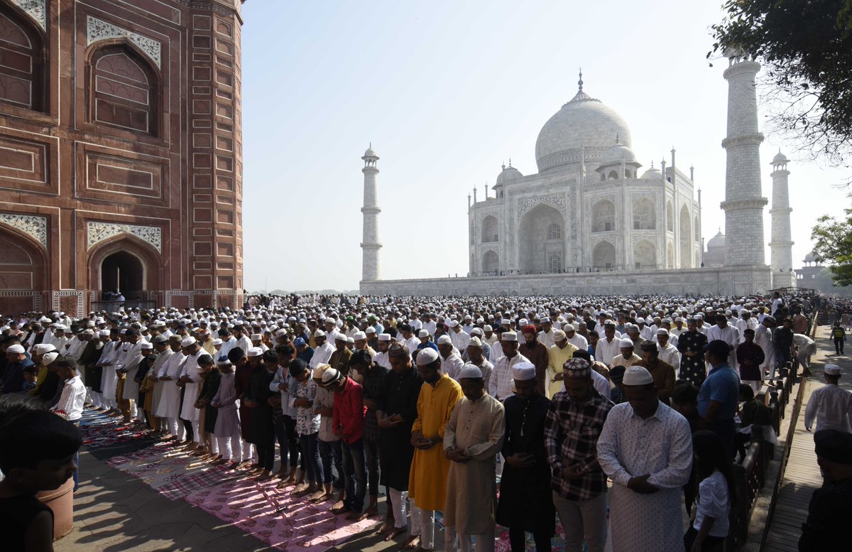 Huge numbers of Indian Muslims gather to perform Eid al-Fitr prayers at the iconic Islamic marble mausoleum, the Taj Mahal. Built during the Indian golden age of Mughal rule. Today, India's Muslims have faced severe violence and persecution amid the rise of a sectarian…