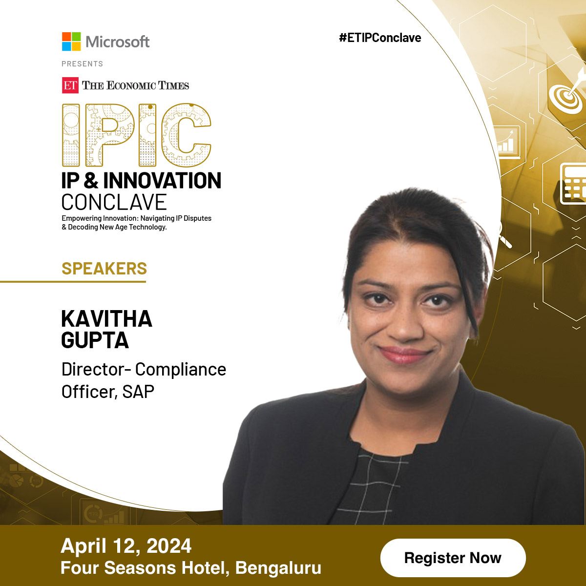 Thrilled to announce Kavitha Gupta, Director- Compliance Officer, @SAPIndia as our distinguished Speaker at #ETIPConclave. 

Register Now: bit.ly/4bCapv0

#ETLegalWorld #IPInsights #TrademarkRevolution #IntellectualProperty #LegalInnovation #TechLaw #FutureOfIP
