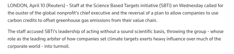 Top corporate climate stds group SBTi 'in turmoil', Reuters reports, after board decision to greenlight offsets for 'scope 3' emissions

'staff accused SBTi's leadership of acting without a sound scientific basis, throwing the group - whose role as the leading arbiter of how…