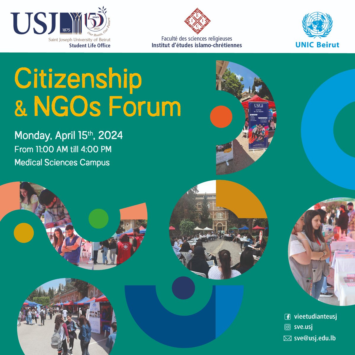 Meet @UN_Lebanon on Monday 15 April at @USJLiban Medical Sciences Campus in #Beirut for the USJxUNIC Citizenship & NGO’s Forum to explore impactful opportunities by connecting with #UN entities, international organizations and local #NGOs from 11 AM to 4 PM. #Lebanon