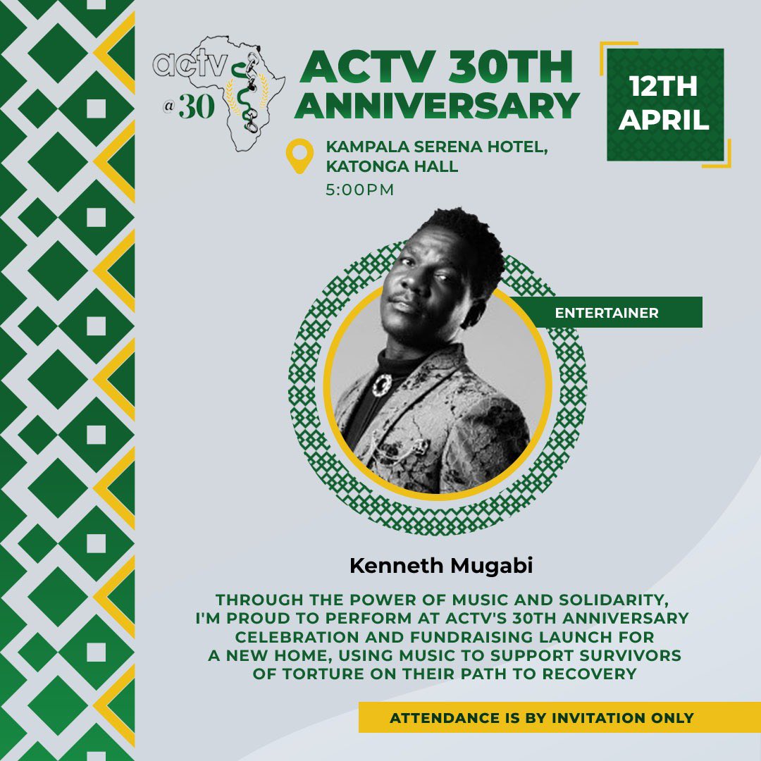 This Friday at Kampala Serena, @actvuganda will be celebrating their 30th Anniversary with a special fundraising launch for a new home. Talented @kennethmugabi will be performing, using the power of music to support survivors of torture on their path to recovery. #ACTVat30