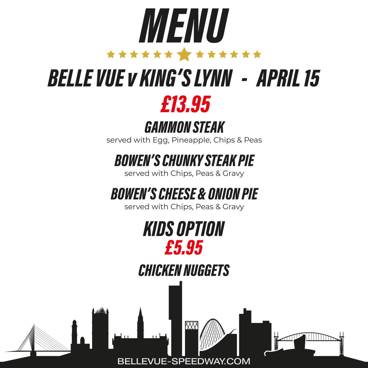 🔴⚫️ Order now! Another delicious menu on offer this Monday ahead of the action between Belle Vue and King's Lynn in the Peter Craven Suite! Book now: t.ly/OXwdq Served from 6:00pm, choose between a succulent Gammon Steak or our popular Bowen Pies options.