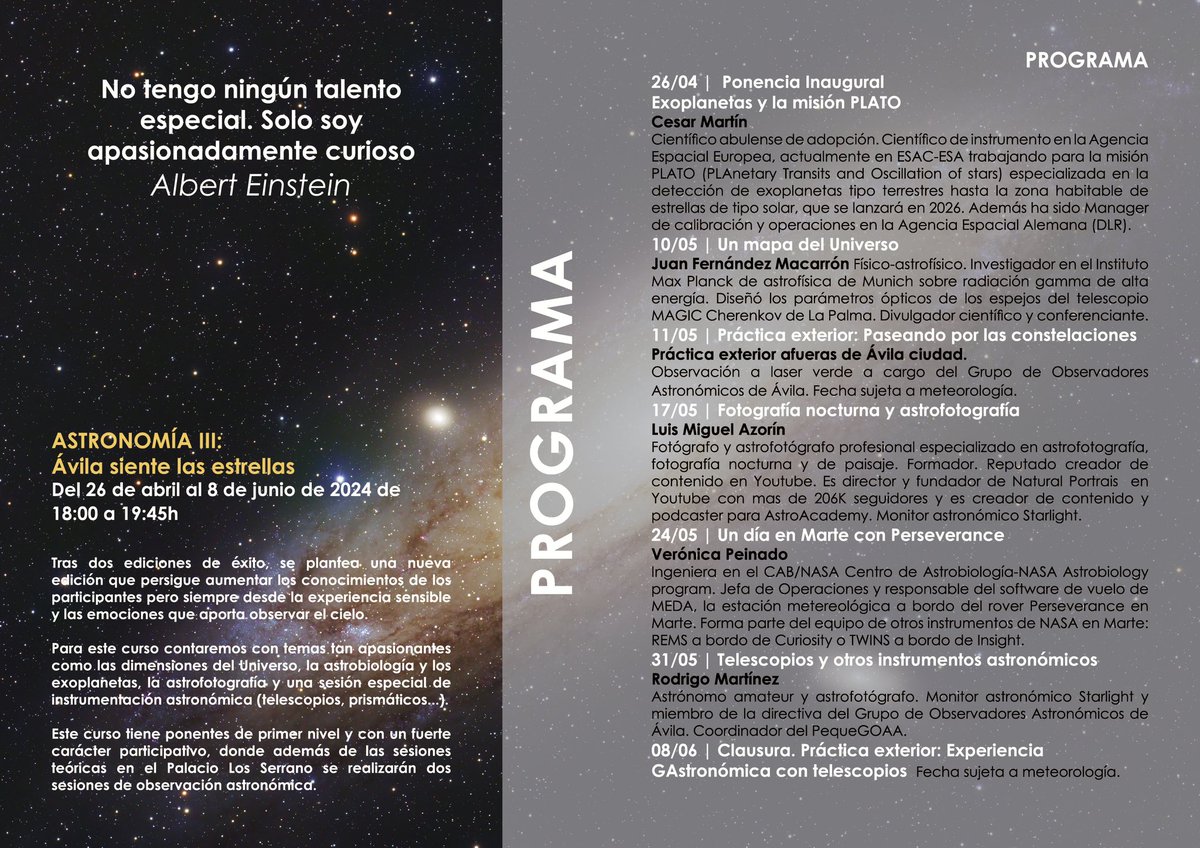 ÚLTIMAS PLAZAS DEL CURSO DE ASTRONOMÍA en Ávila. 

Existe la modalidad semipresencial para 4 de las 5 ponencias ( la inaugural es presencial)
Matricularse: cursos@fundacionavila.es 
Precio: 80€