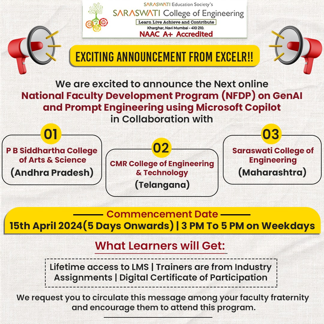 Exciting news! Join us for our upcoming National Faculty Development Program (NFDP) focusing on GenAI and Prompt Engineering using Microsoft Copilot. Don't miss this opportunity to enhance your skills!
#Join_SCOE 📚
#SCOEkharghar #genAI #microsoftcopilot #bestcollege #navimumbai